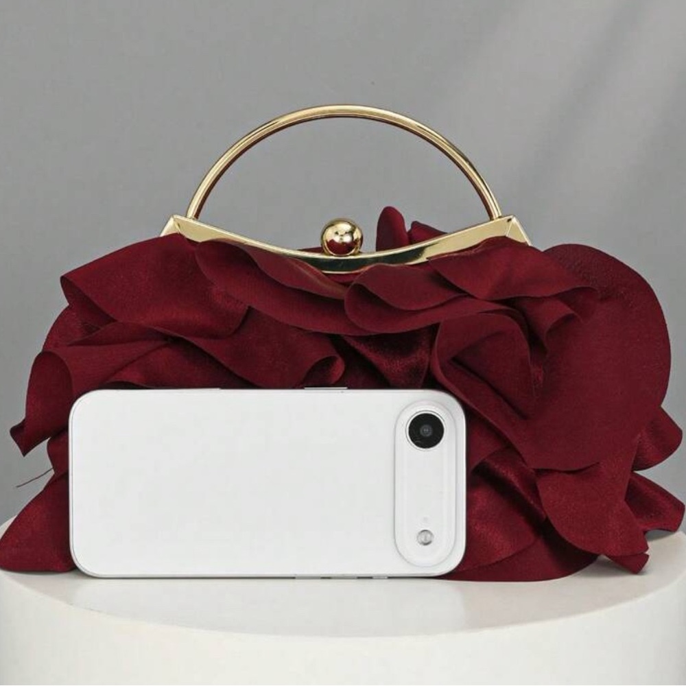 Chic Burgundy Ruffle Clutch with Gold Accents - Picture 4 of 6